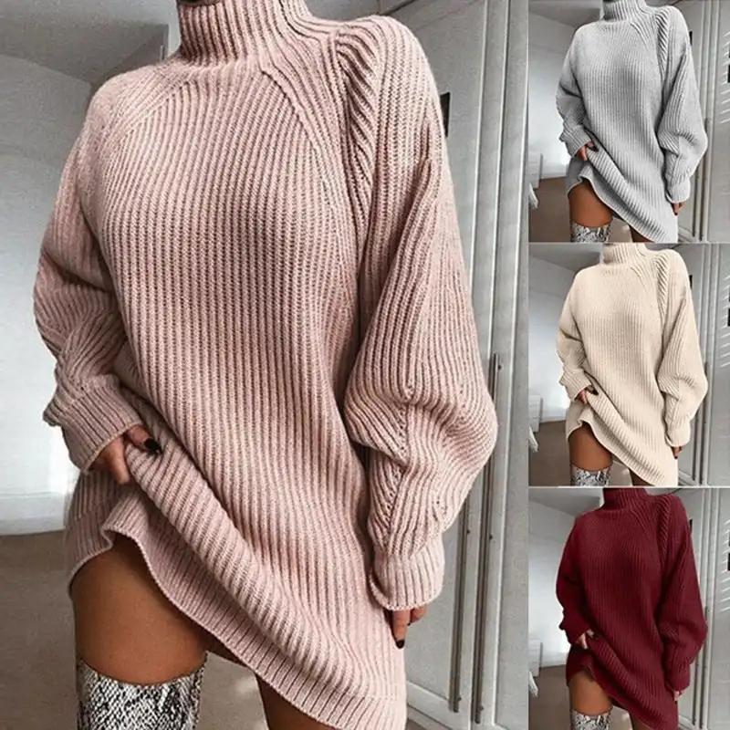 Warm Solid Turtleneck Sweater Dress