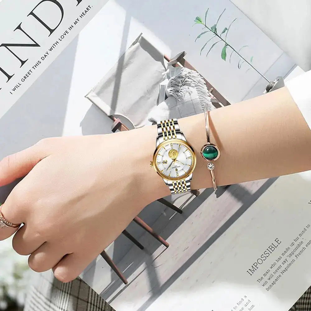 Elegant Gold Steel Womens Wristwatch