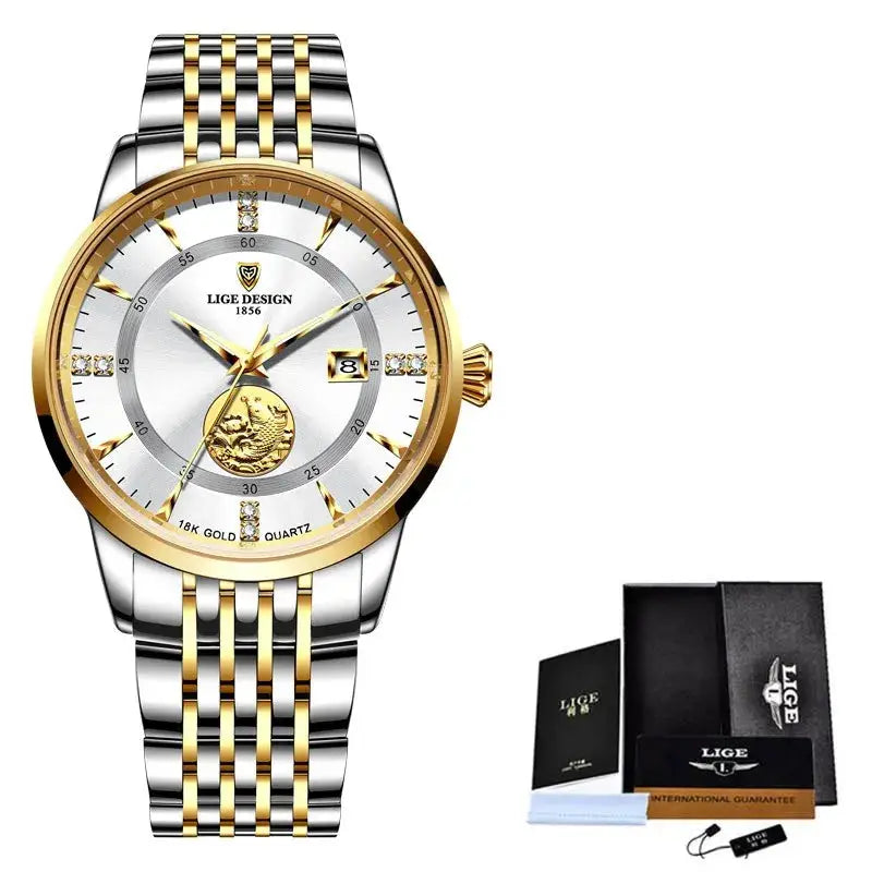 Elegant Gold Steel Womens Wristwatch